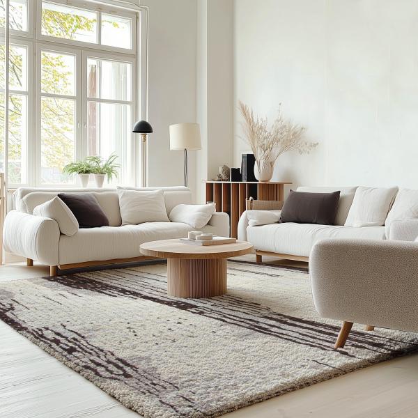 Modern living room with a large high-pile beige rug featuring an abstract brown pattern, white sofas